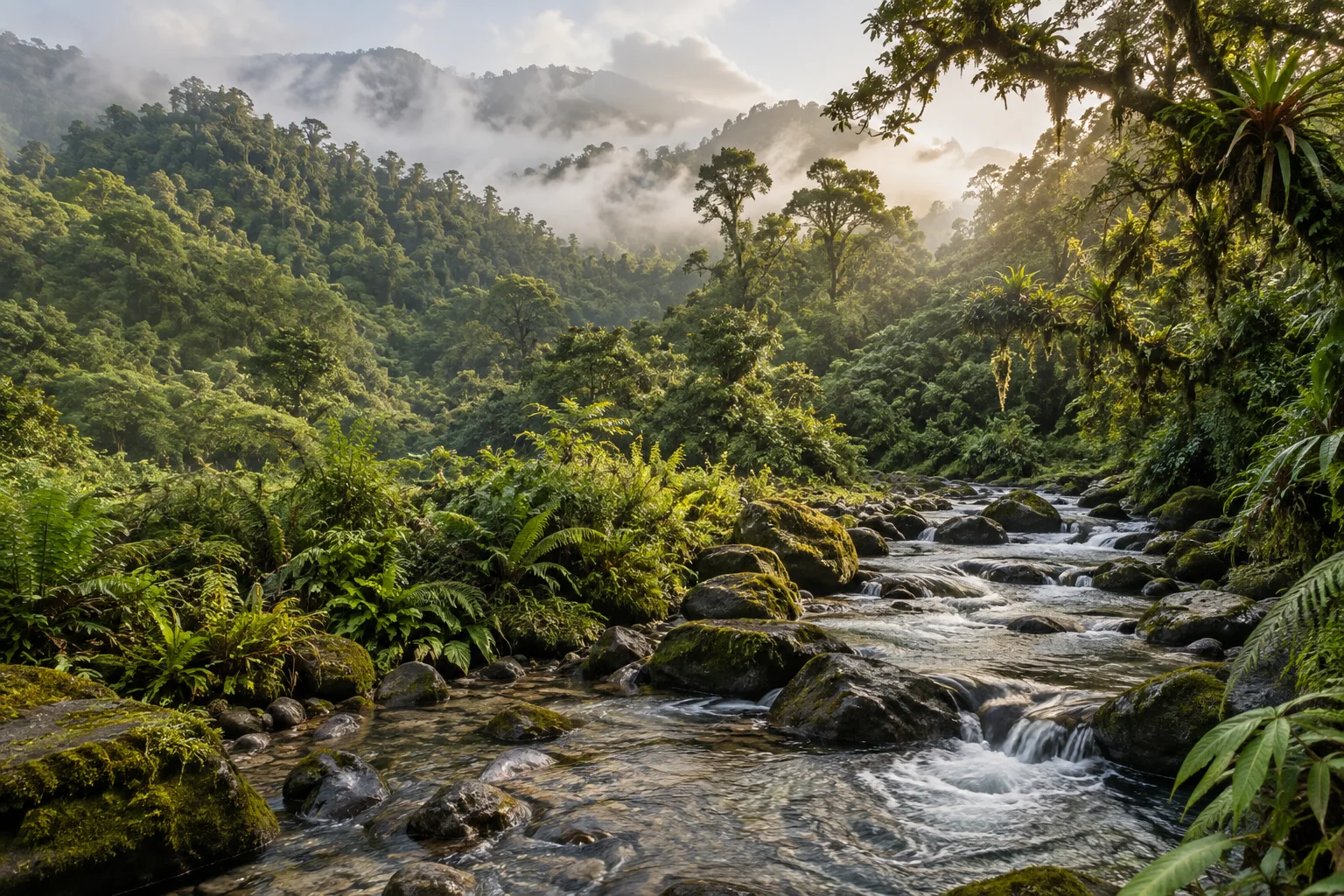 Ilustración de un río en el bosque nublado
